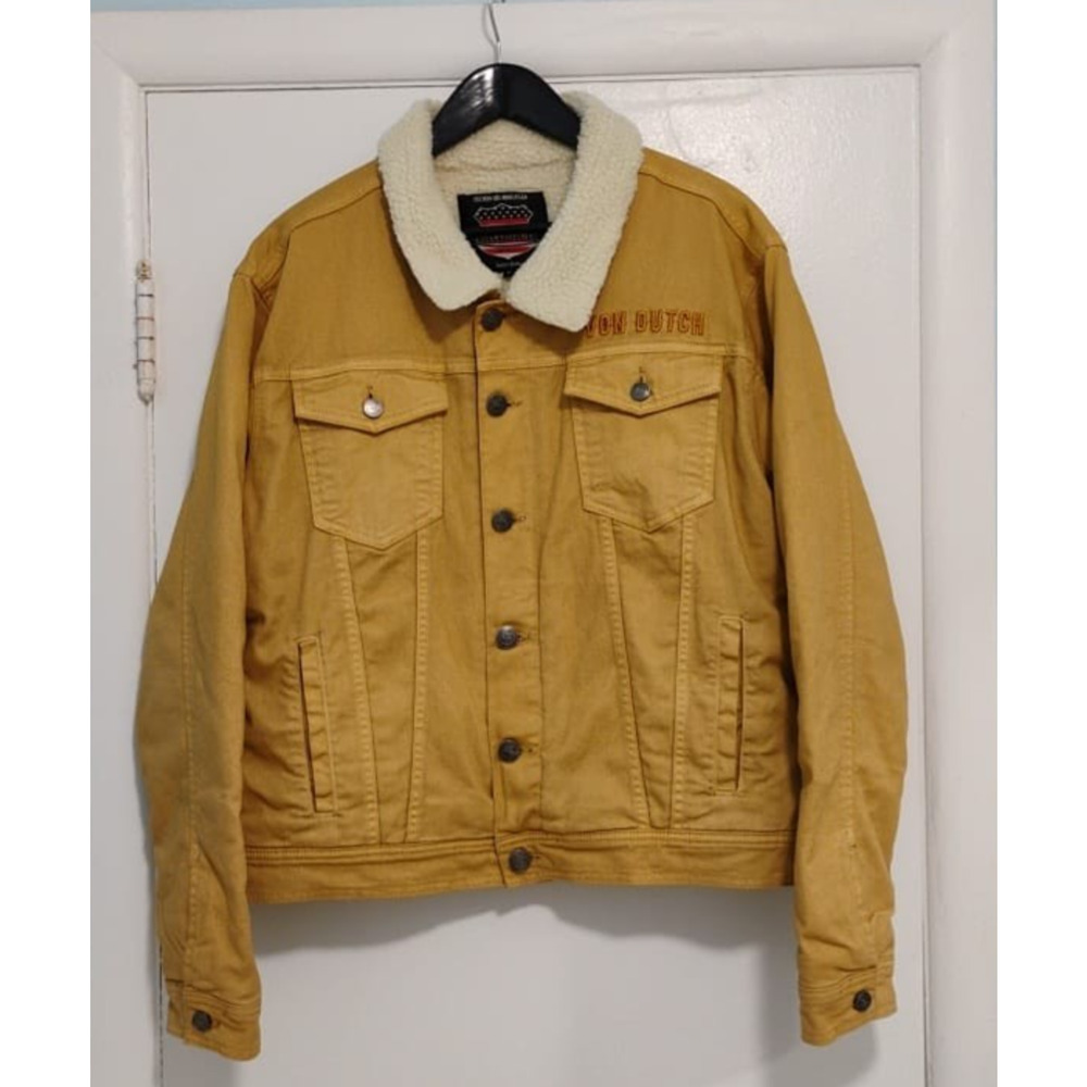 Vtg Y2K Von Dutch Sherpa Kustom Kulture Jacket Men’s Medium Tan Denim Streetwear